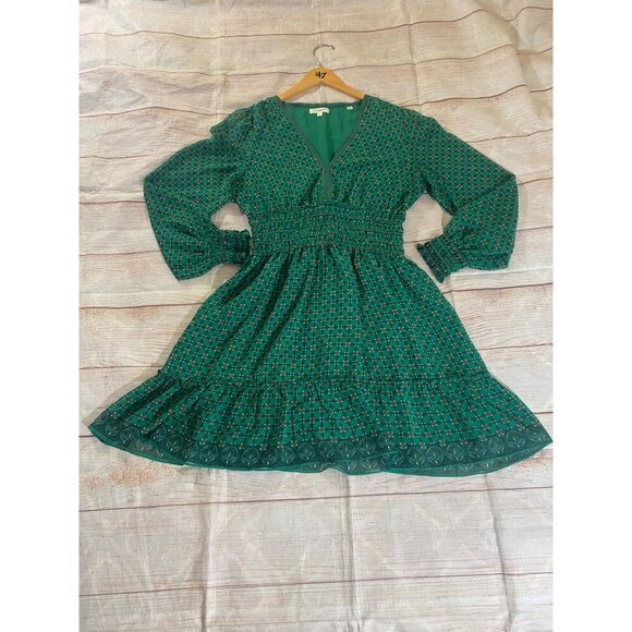 Max Studio Women's Long Sleeve Chiffon Green Smoked Mini Dress - Large - Picture 4 of 15